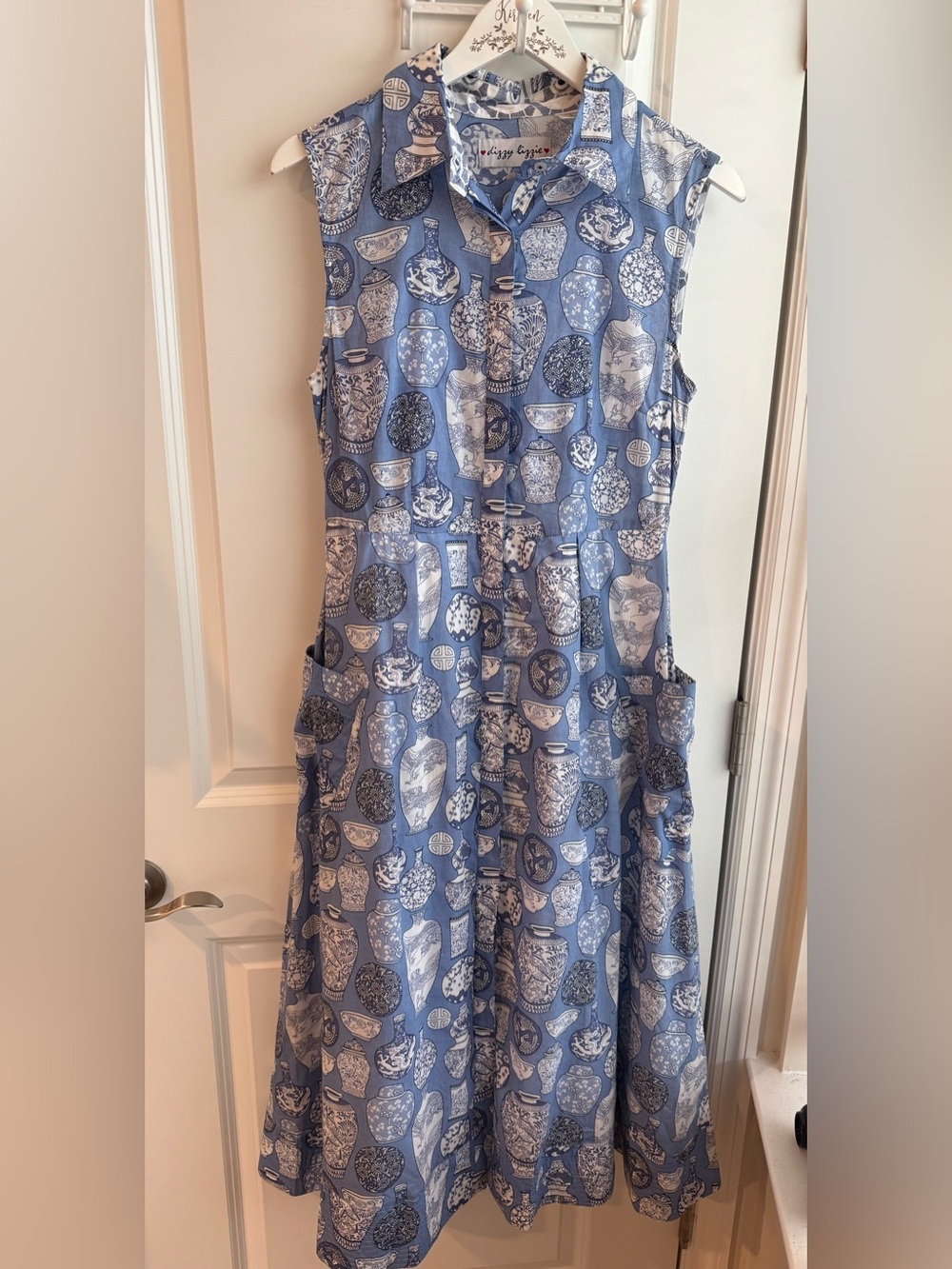 Dizzy Lizzie Blue Chinoiserie Vase Printed Dress Preppy Coastal Small NWOT